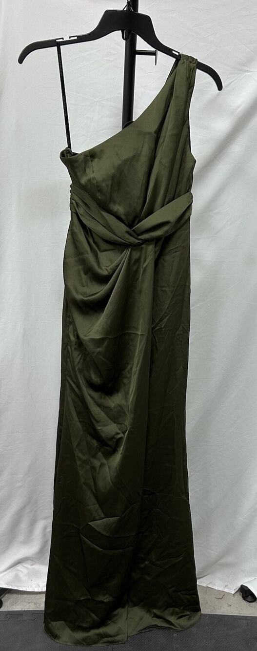 NEW Dressy Collection Olive Green One Shoulder Satin Maxi Bridesmaid Gown 2R